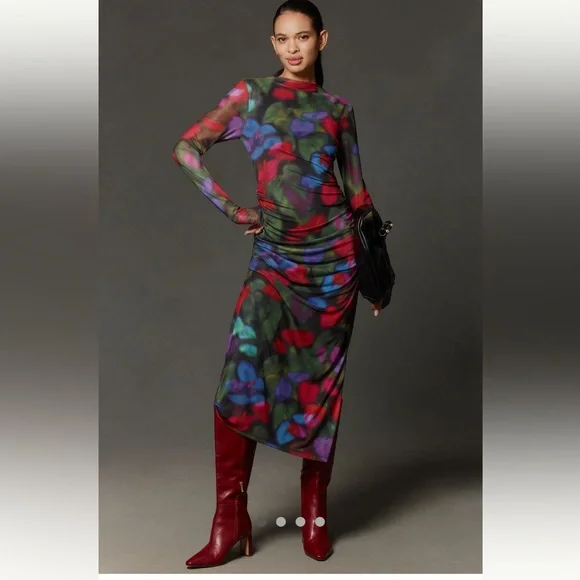 🎉LAST ONE🎉Anthropologie NWT Farm Rio Mock- Neck Mesh Slim Midi Dress size XS. - Picture 2 of 16